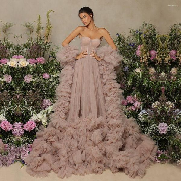 Partykleider Erröten Rosa Tüll-Abschlussball mit Rüschen Wrap Sweetheart Long Poshoot Damen Umstandskleider A-Linie Formelles Abendkleid