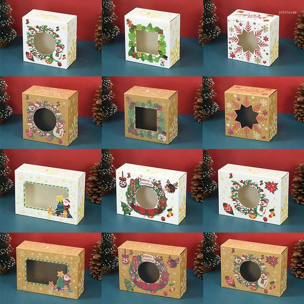 Geschenkpapier 3 Stück Kraftpapier-Geschenkboxen mit durchsichtigem Fenster Weihnachtssüßigkeitsplätzchen-Verpackungsbox Hochzeitsbevorzugungen Jahr Event Partyzubehör