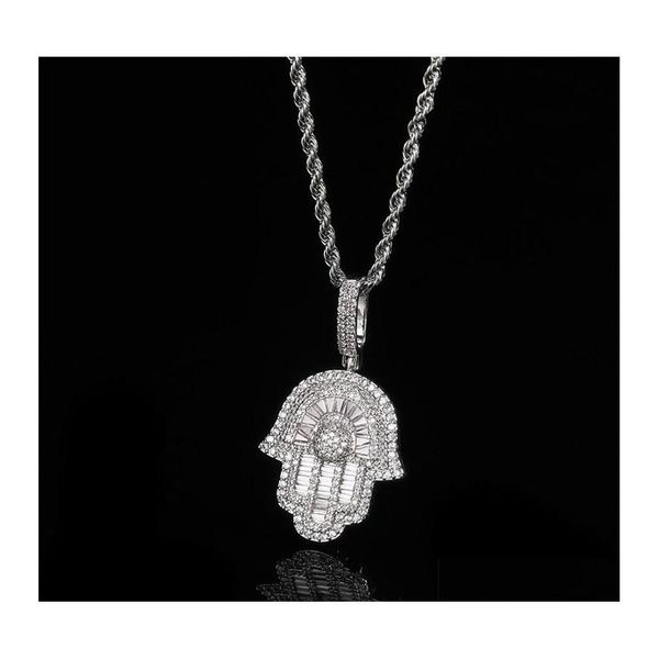 Collane con ciondolo Color oro Hip Hop Iced Out Bling Men Boy Jewelry Hiphop Rock Punk Ice Baguette Cz Hamsa Hand Fatimas Collana 733 Dhtns