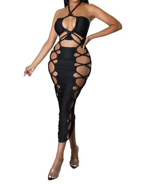 Vestidos de festa corporal de ver￣o mulheres sem mangas Sexy Hollow Out Halter Backless Lace Up Club Night Dress