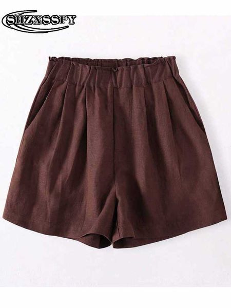 Shorts femininos linho de algodão verão solto perna larga preto literário casual e elástico sólido calça quente y2302