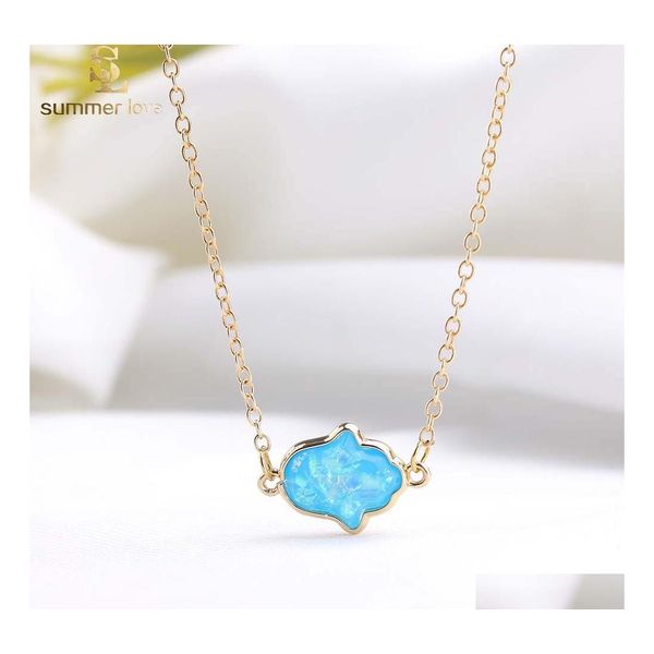 Colares pendentes Moda Opal Hamsa colar de m￣o para mulheres Nature Resin Jewelry Great Drop Pingents Dhlkh