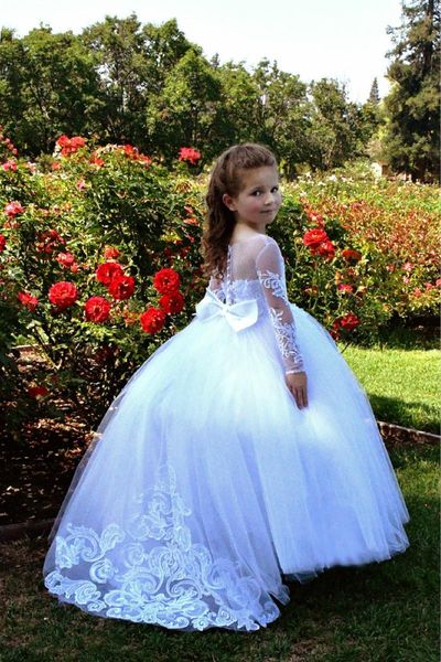 Abiti da ragazza Bambini Flower Girls Bella comunione in pizzo a maniche lunghe con perline Puffy Ball Gown Prom Pageant Dress For