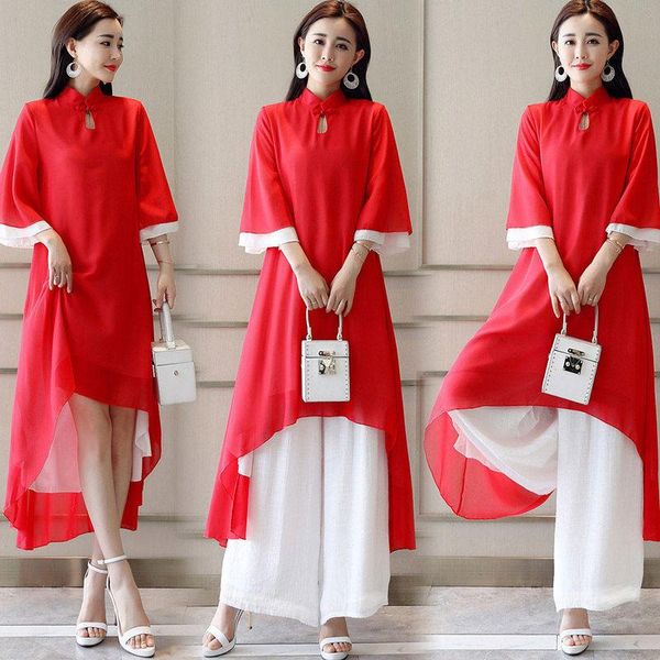 Arbeitskleider Traditioneller Vietnam Ao Dai Anzug Elegantes langes chinesisches Kleid Frauen Cheongsam Orientalische Party Qipao Aodai Rot Weiße Hosen Sets