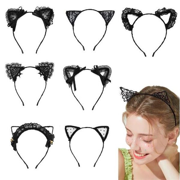 Renda Orelhas de Gato Tiara Feminina Meninas Aro de Cabelo Decoração de Festa Sexy Adorável Cosplay Fantasia de Halloween Acessórios de Cabelo GC1895