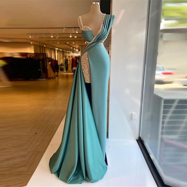 Abiti da festa Moda di lusso Raso Lungo da donna Elegante Abito da sera Perline Corto Sotto il moderno Prom Spacco laterale Dubai Abito formale 230208