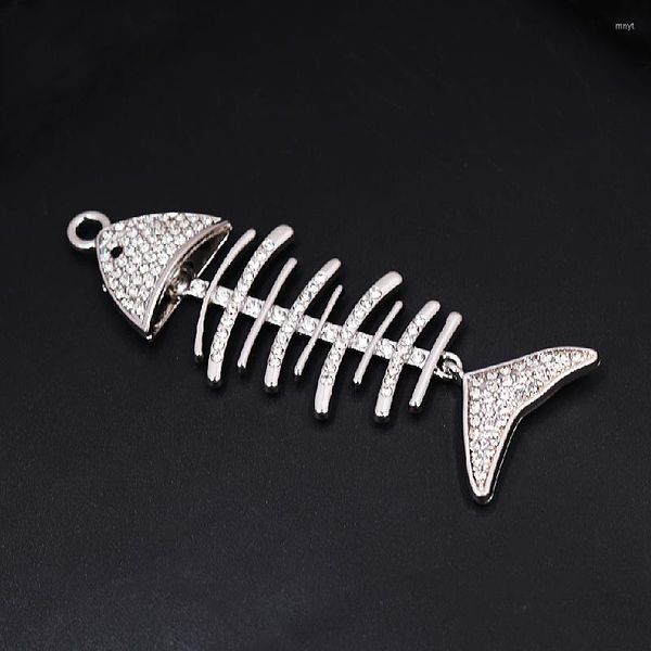 Colares pendentes 2pcs prateados strass artesanal shiestones 3d Esqueleto de peixe grande colar de colar de charme DIY Brincos de jóias Fazendo P991