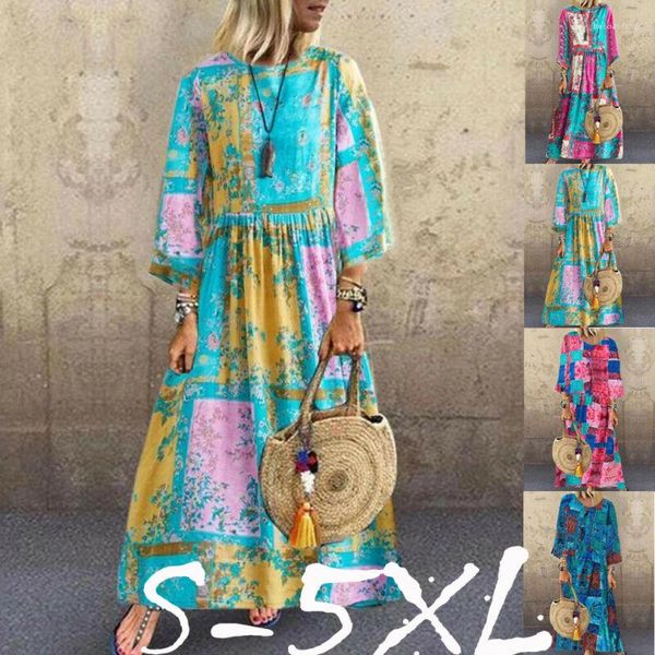 Vestidos casuais plus size boho mulheres soltas vestidos longos estampos de linho de linho de algodão maxi ladies noite festa praia