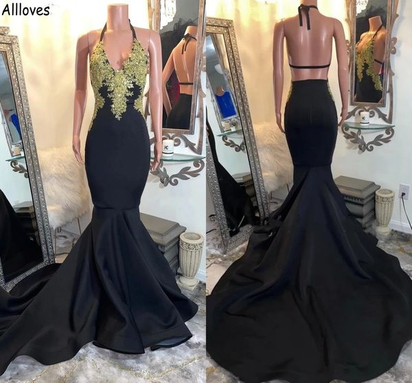 Sexy Halter Gothic Black Mermaid Abendkleider für Frauen Vintage Gold Spitze Applikationen Perlen Partykleider Blackless Langes Abendkleid für formelle Anlässe Plus Size CL1810