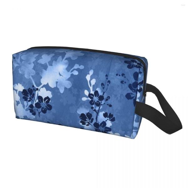 Bolsas de cosméticos sakura florescem em bolsa de higiene pessoal azul para mulheres kit de armazenamento de beleza de maquiagem de cerejeira floral