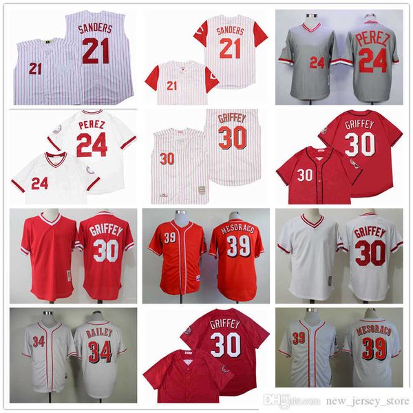 Film Vintage 30 Ken Griffey Jr Baseball-Trikots genäht 21 Deion Sanders 24 Tony Perez 39 Devin Mesoraco 34 Homer Bailey Jersey