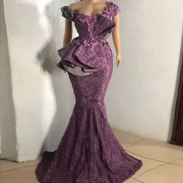 Aso Ebi Lila Meerjungfrau Abendkleider Schulterfrei Spitze Perlen Rüschen Plus Size Afrikanische Frauen Abendkleider Traube Formales Partykleid Vestido De Novia