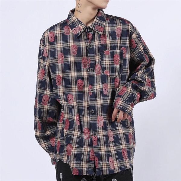 Herrenjacken Jacke Checked Hemd Lustige Fackini -Druck Single Breasted Streetwear Harajuku Herbst Baumwolle Übergroße Kleidung