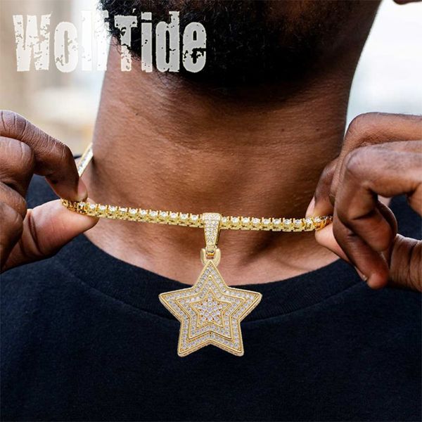 Collana a sospensione hip hop pentagramma per uomo per uomini coppia di qualità raffinata di qualità vera color zirconia cubica zirconia a cinque punta di stelle in gioielli regali di gioielli bijoux