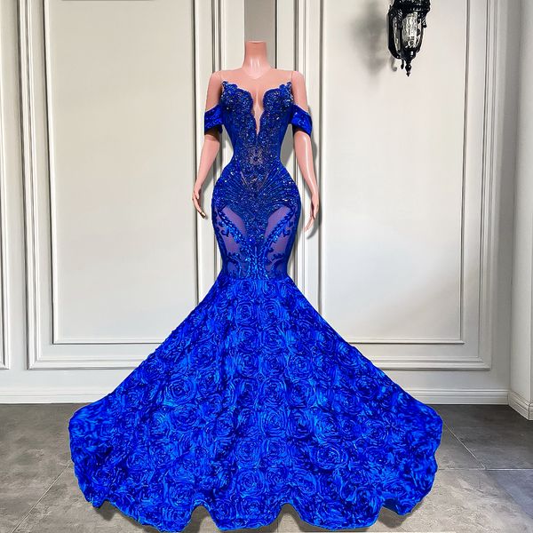 Vestidos de baile azul royal de luxo para meninas negras com mi￧angas de sereia de renda de brilho ASO ebi africano rosa floral vestido formal elegante festa de gradua￧￣o desgaste 2023