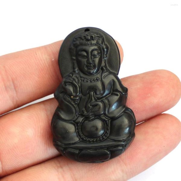 Charms chineses naturais verdes negra jade esculpida guan yin rindo buda pingente de sorte