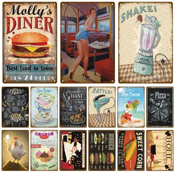 Retro DINER Blechschild Poster Vintage Fast Food Poster Metallschild Dekorative Wandplatte Küche Restaurant Bar Plakette Metall Vintage Dekor Zubehör 20 cm x 30 cm Woo