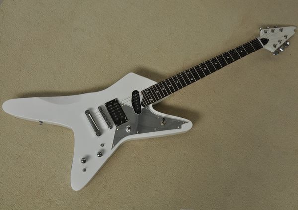 La chitarra elettrica bianca dalla forma insolita con il battipenna a specchio hardware cromato può essere personalizzata