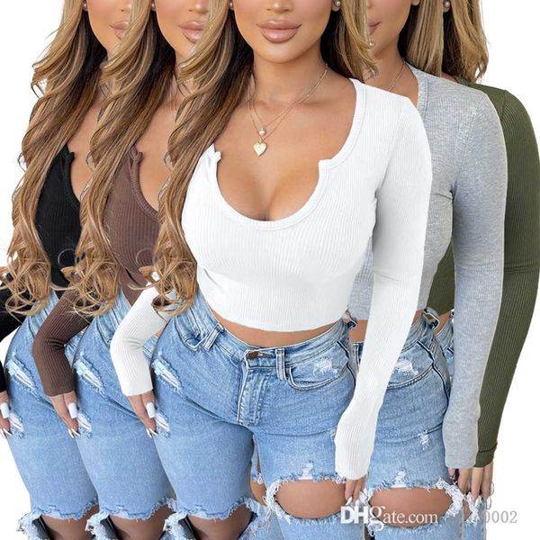 2023 Designer Frühling Frauen T-shirt Mode Komfortable Einfarbig Pit Streifen U Neck Langarm Bodycon Frauen Kleidung Crop Top