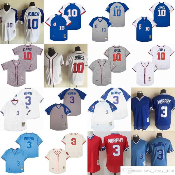 Filme Vintage 10 Chipper Jones Baseball Jerseys Costurado 3 Dale Murphy Jersey Respirável Esporte Branco Azul Cinza Vermelho para Homem S-XXXL