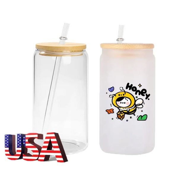 Estoque dos EUA 16 oz Sublimação Canecas de cerveja de vidro com copos de palha de tampa de bambu Diy em branco fosco transparente pode xícaras transferência de calor coquetel de café gelado uísque tt0208