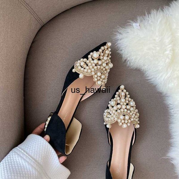 Scarpe eleganti New Crown Pearl Flats Scarpe da sposa da donna Punta a punta Abito femminile Mocassini Tacco basso perlato Ladies Fashion Luxury Style 43 T230208