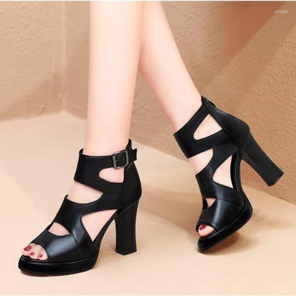 Sandalen Knöchelriemen Plattform Damen High Heel Schuhe Sommer 2023 Elegante Lederblock Damen Büro Heels