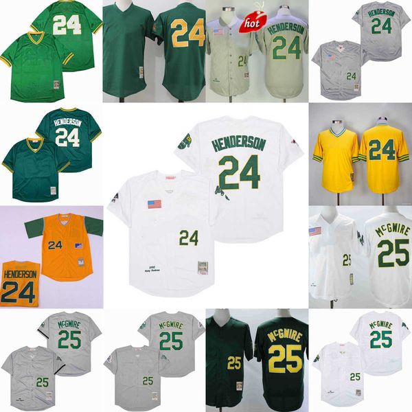 NCAA Vintage 24 Rickey Henderson Baseball Jerseys Costurados 25 Mark Mcgwire Jersey 1989 Cinza Branco 1981 Amarelo Verde