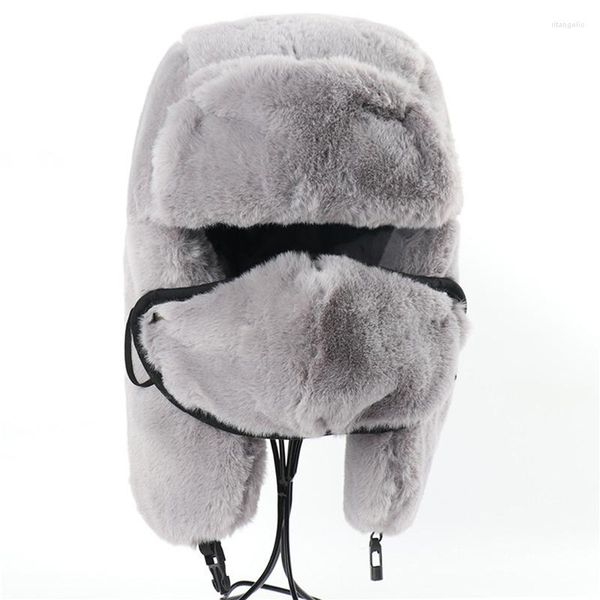 Boinas 2023 Winter Faux Fur Hat Women Bomber Hats Warm Pink Ski Earflaps Mask