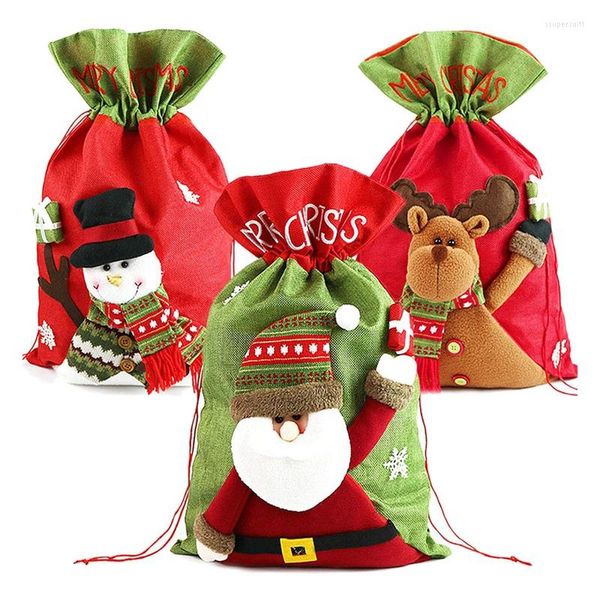 Decorazioni natalizie Confezione da 3 sacchetti regalo in tessuto con coulisse Sacco di Babbo Natale Giocattoli 22 X 13,5 pollici Babbo Natale pupazzi di neve Renna ricamata