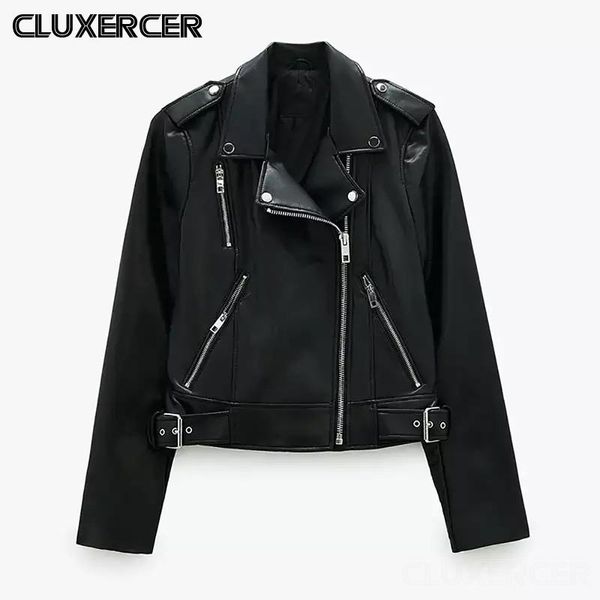 Frauen Leder Frauen Frühling Und Herbst Die Schwarzen Faux Jacken Zipper Mantel Drehen-unten Motor Biker Jacke Mit Gürtel veste Femme