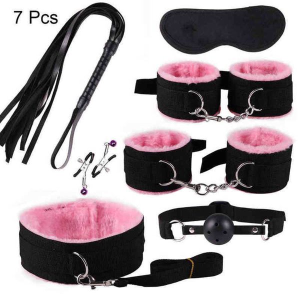 NXY Bondage 7 PCs BDSM Kits Plush Sex Set Handcuffs Games Whip Gag Breks Toys para casais Acessórios exóticos 220421