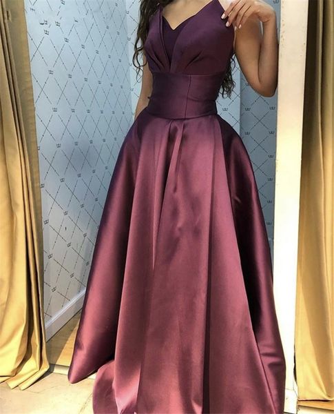 Purple Evening Promes Promes Robe de Soiree V-образное выступ A-Line Простые атласные выпускные выпускные платья с кружевом vestidos de fiesta de noche