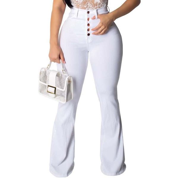 Женские джинсы мода белые брюки с широкими ногами сексуальная стройная женщина мама высокая талия скинни сплошной колокольчик дно S-2XL