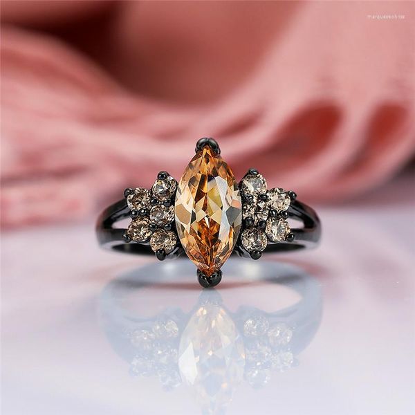 Anéis de casamento fofo feminino pequeno anel de pedra de champanhe vintage ouro preto para mulheres prometem engajamento de amor