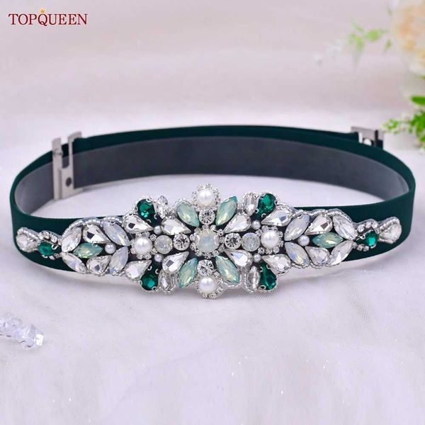 Cintos topQueen S443 Mulheres de cinto elástico Moda brilhante vestidos de strass verde escuro Acessório de casamento de faixa esticada cintura G230207