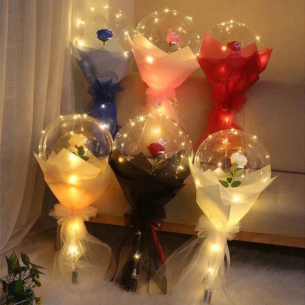 LED Hafif Balon Yenilik Aydınlatma Gül Bobo Ball Buket Kabarcık Balonları String Işıkları Sevgililer Günü için Dış Düğün Düğün Hediyeleri Kızlar Kadınlar 20 inç Crestech