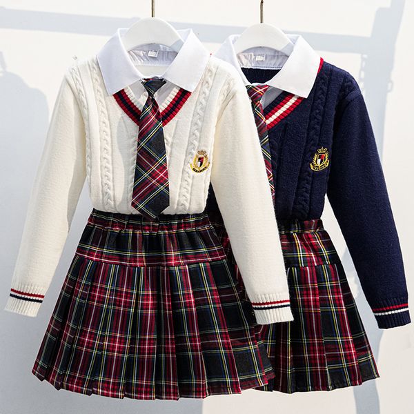 Kleidungssets Sets für Mädchen Schuluniform Twinset Kinderkostüm Kinderanzug Preppy Sweater Rock Kleidung für Teenager 6 8 9 10 12 14 Jahre 230208