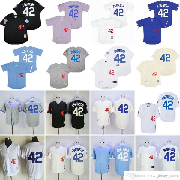 Filme Vintage 42 Jackie Robinson Baseball Jerseys Costurado Respirável Esporte Cinza 1963 Creme 1955 Branco 1959 1981 Pulôver Azul