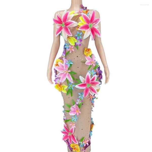 Сценя Wear Women Night Out Flower Dress Sexy Mesh See To Evening Costume Полая талия танце