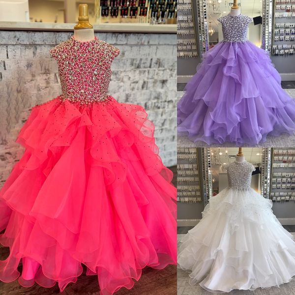 Abito da spettacolo per ragazza con collo alto 2023 Maniche ad aletta Abito da ballo Cristalli Organza increspato Compleanno per bambini Abito da festa formale Toddler Teens Preteen Little Miss Fazzoletto