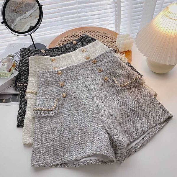 Shorts femininos Ashgaily 2022 New High Caist Tweed Women Casual Loose Ladies Fashion Spring Autumn Button Slim Button All-Match Y2302