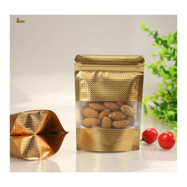 Sacs d'emballage Bolsas De Regalo 100Pcs / Lot 9Tailles Effacer Windowed Gold Embrass Stand Up Zip Lock Bag Self Seal Zipper Food Storage Reta Dhau7