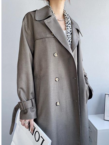 Trench feminina casacos elegantes mangas compridas femininas caia de colarinho de colarinho de enorme porto de tamanho duplo de peito de peito de peito 2023