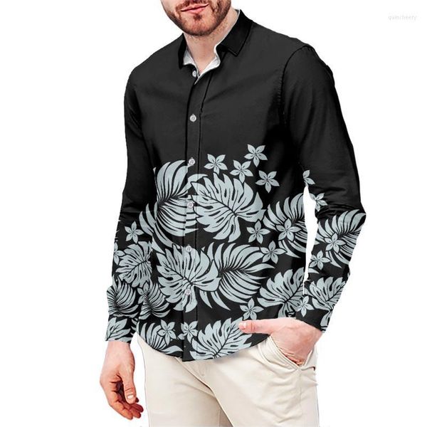 Мужские повседневные рубашки мужская рубашка верхняя полинезийская племяная серая плюмерия листья печати на заказ продажа длинного рукава для пуговиц Quin22 Quin22