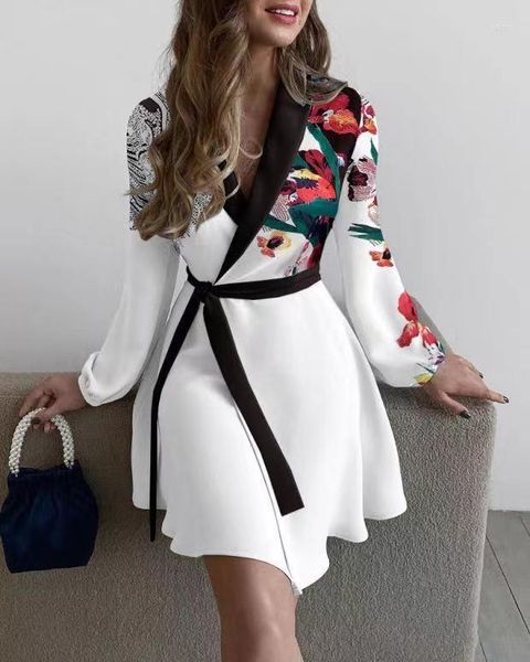 Günlük elbiseler baskılı polo uzun kollu kadın yaz elbise zarif moda kadın kemer beyaz