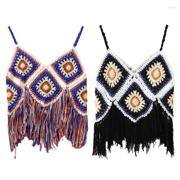 Tanques femininos Mulheres de verão malha de malha em camisole multicolor rhombus padrão boho saft top sexy sexy binge tassel colete de praia m6cd