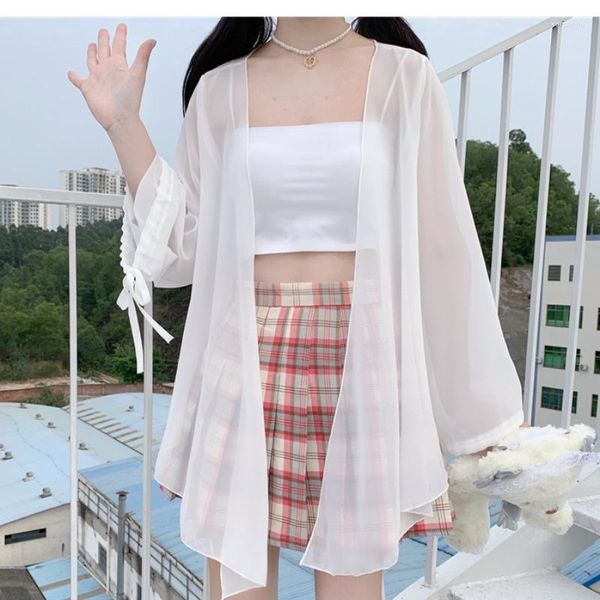 Blouses feminina Japão Roupas de meninas macias verão Kimono 2023 Moda Chiffon Blouse Mulheres Mori Cardigan Cardigan Top Coverning Up White