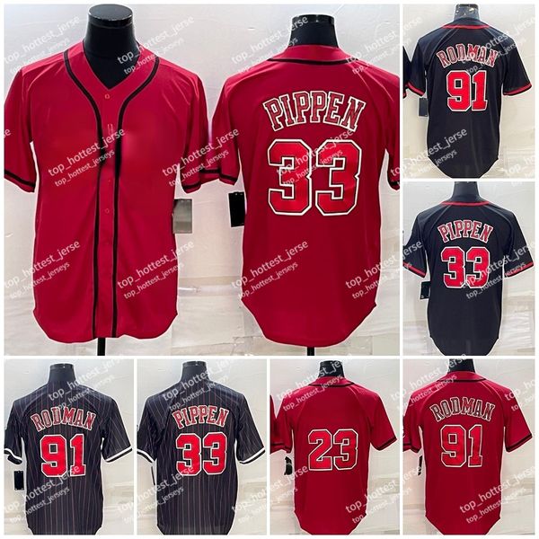 2023 New 91 Maglia da baseball Dennis Rodman 33 Scottie Pippen Maglia da basket da uomo con cuciture gessate rosso nero