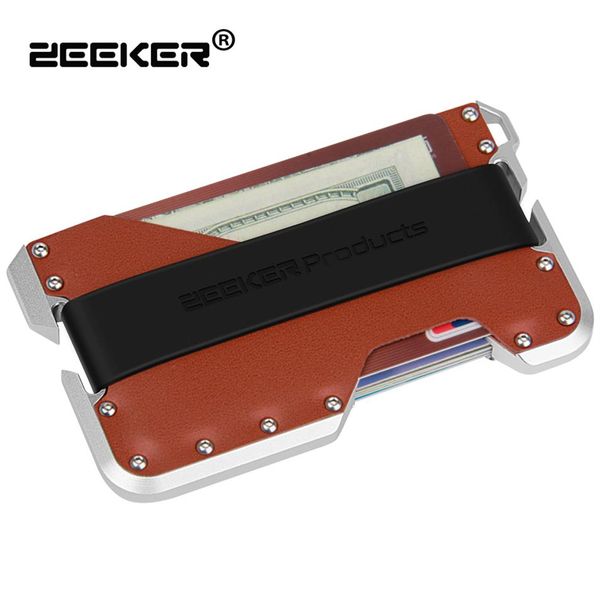 Zeeker Novo Design Design Aluminum Metal RFID Bloqueio de bloqueio de cr￩dito Carteira de cart￣o minimalista de couro genu￭no para MEN274p